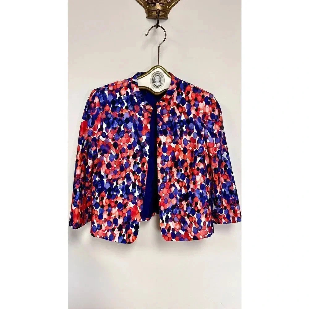 Kasper Womens Multicolor Spotted Allover Print Long Sleeve Open Front Blazer Med